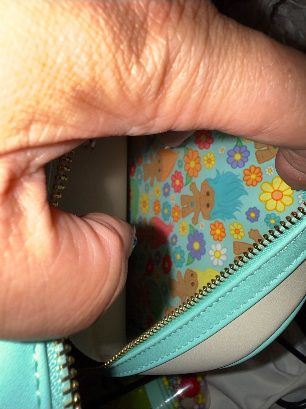Loungefly Pastel Rainbow Trolls Mini Backpack with Green & Yellow Hair - Picture 3 of 5